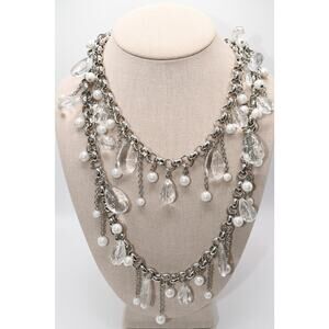 Vintage Lucite Pearl Dangle Chain Belt Necklace 43" Silver Tone